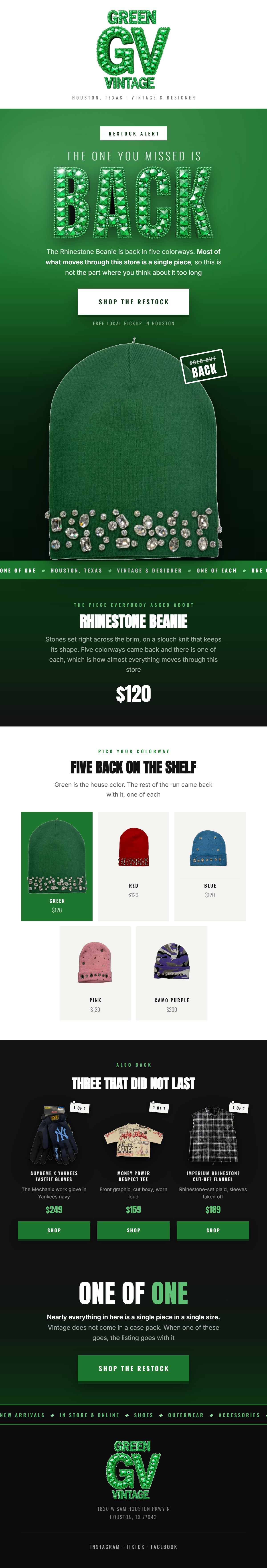 CopyPlug restock alert email campaign for a secondhand streetwear store