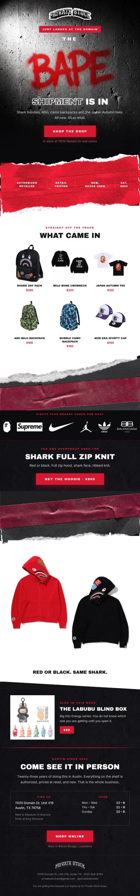 CopyPlug product drop email design for a streetwear store