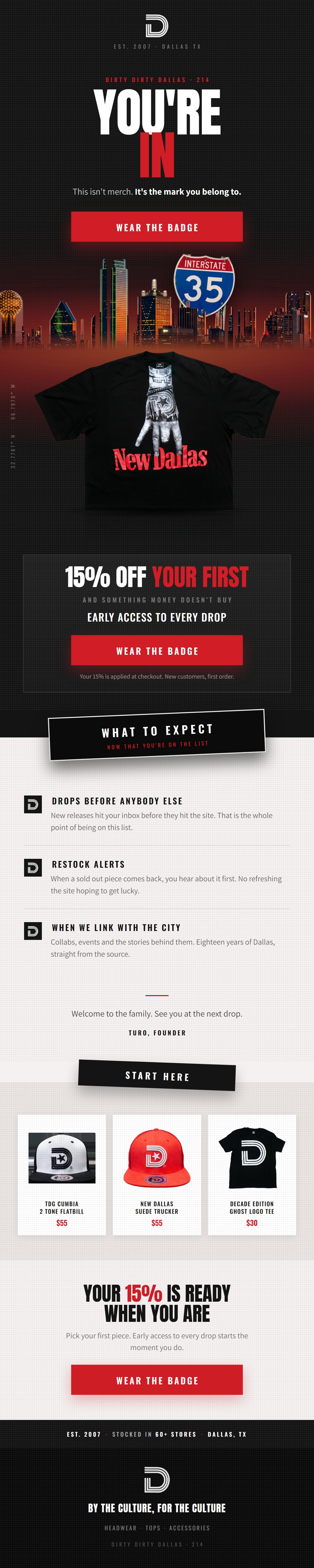 CopyPlug welcome email campaign for a Dallas streetwear brand