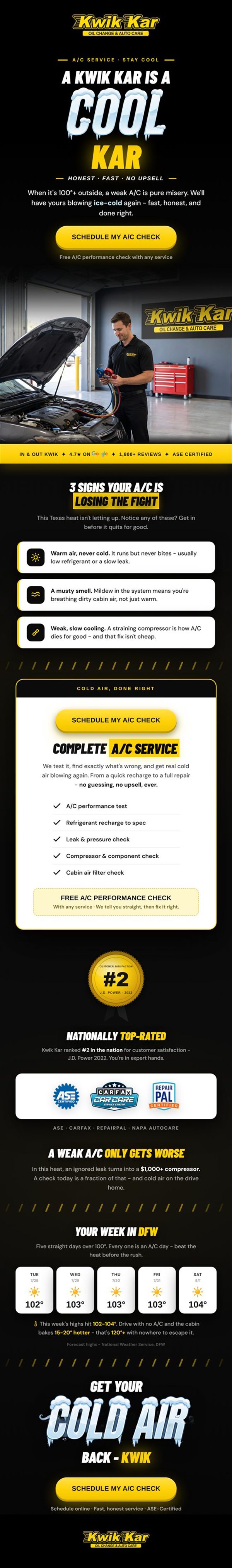 CopyPlug seasonal A/C service email campaign for an auto repair shop